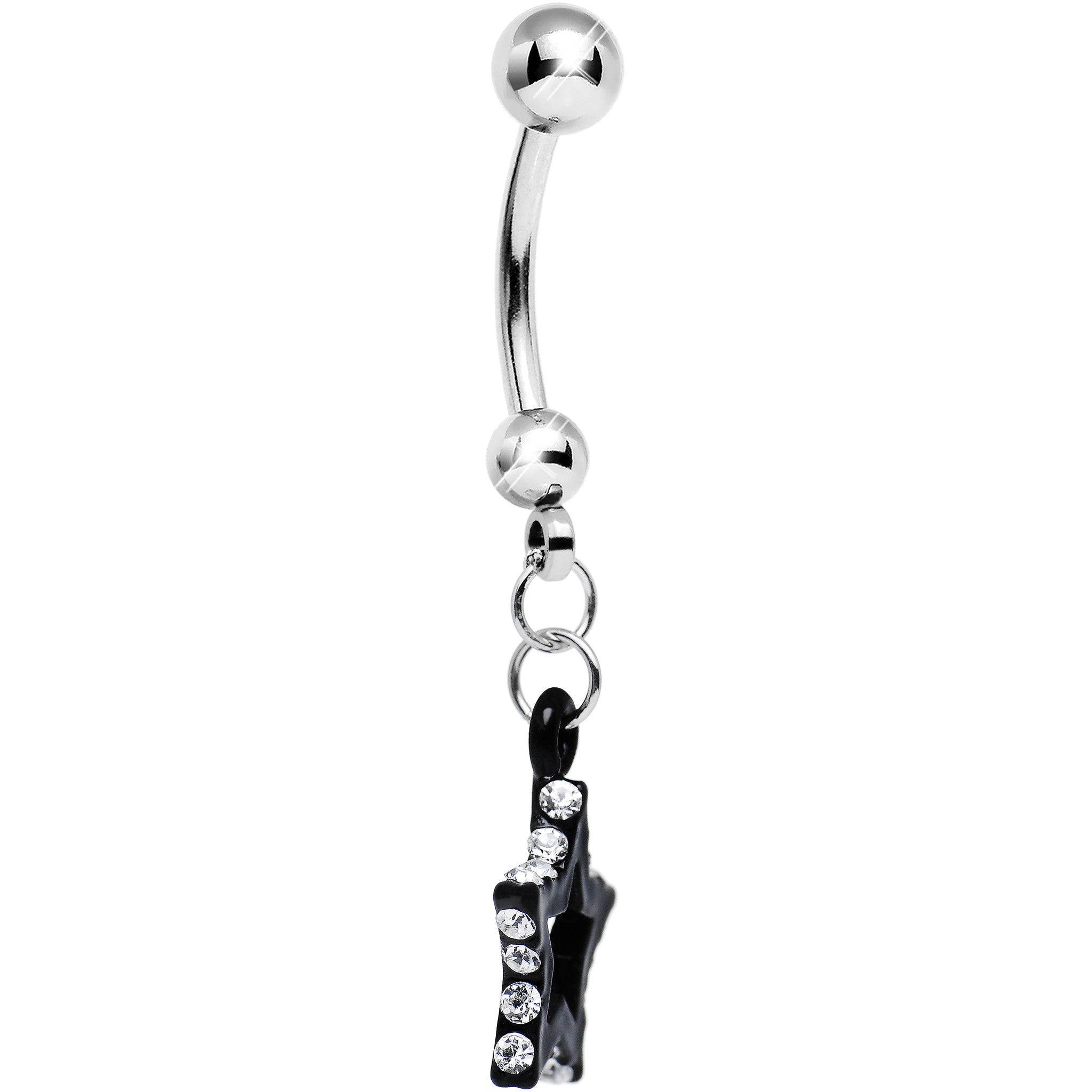 Clear Gem Sparkling Outline Stripe Black Star Dangle Belly Ring