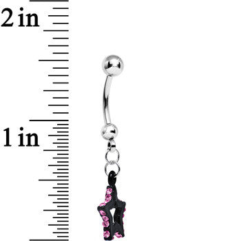Pink Gem Sparkling Outline Stripe Black Star Dangle Belly Ring