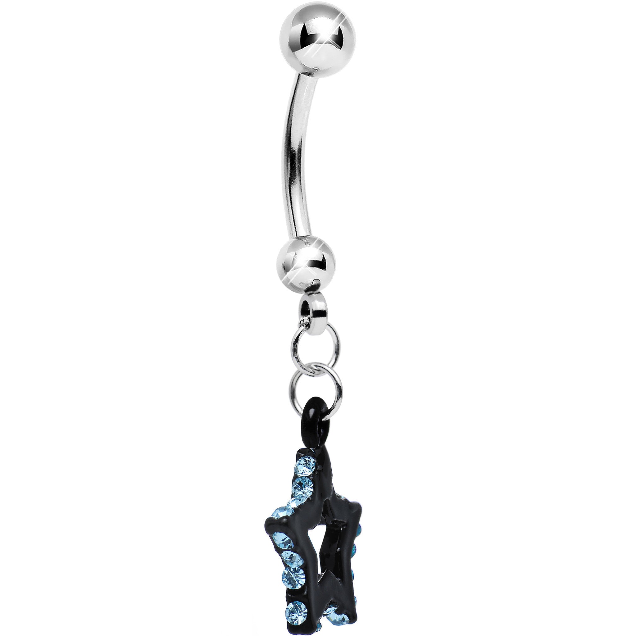 Aqua Gem Sparkling Outline Stripe Black Star Dangle Belly Ring