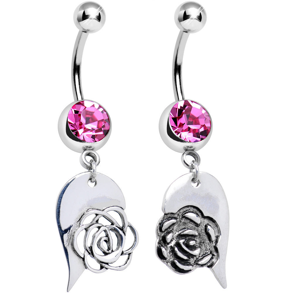 Pink Gem Garden Rose Flower Joined Heart Best Friends Dangle Belly Ring Set