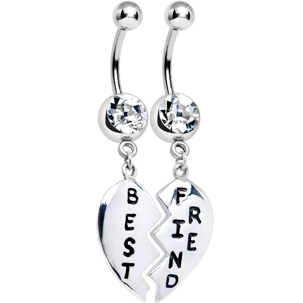Clear Gem Best Friend Dedicated Heart Dangle Belly Ring Set