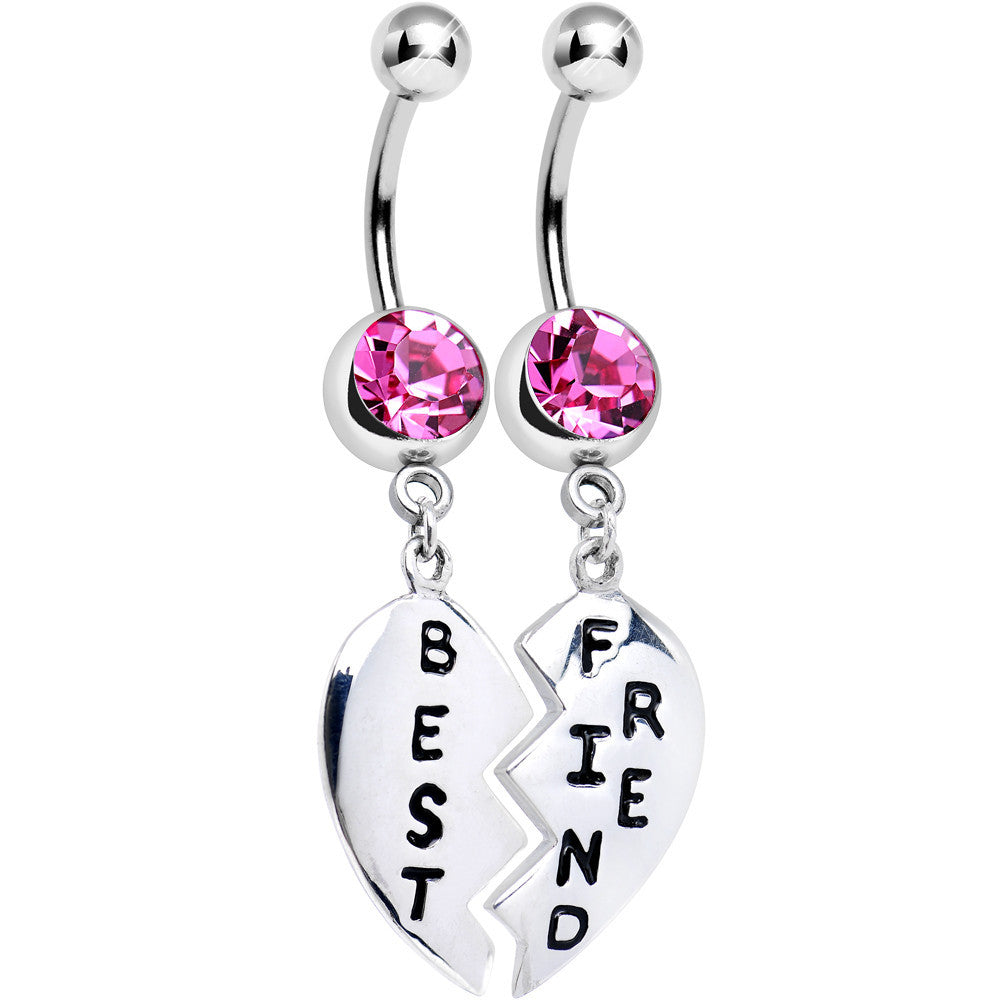 Pink Gem Best Friend Dedicated Heart Dangle Belly Ring Set