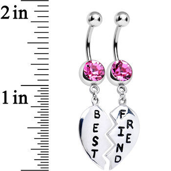 Pink Gem Best Friend Dedicated Heart Dangle Belly Ring Set