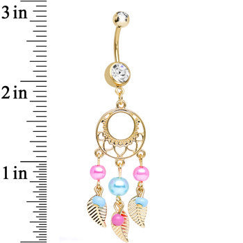 Clear Gem Gold Plated Pearly Feathers Dreamcatcher Dangle Belly Ring
