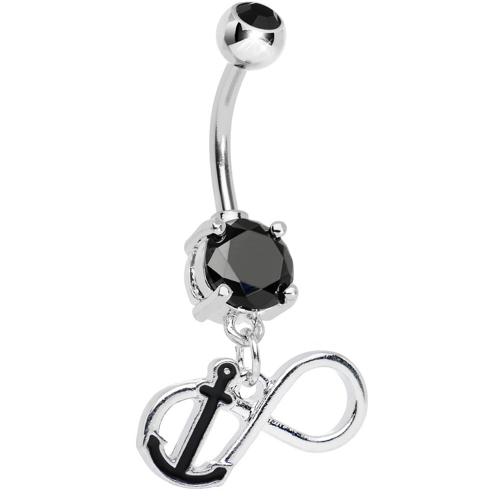 Black Double Cubic Zirconia Captain Anchor Infinity Dangle Belly Ring