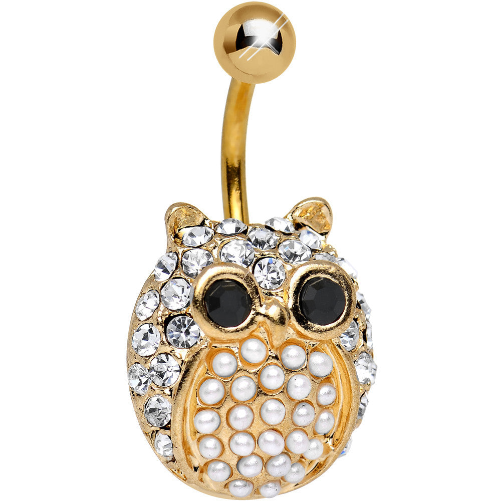 Clear Gem Gold Plated Pearly Owl Square Belly Ring