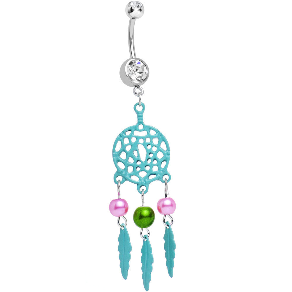 Clear Double CZ Pearly Aqua Reverie Dreamcatcher Dangle Belly Ring