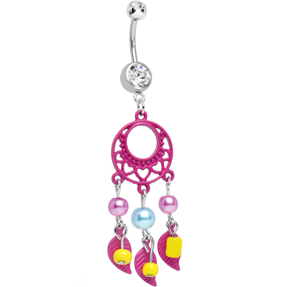 Clear Double CZ Pearly Feathers Pink Dreamcatcher Dangle Belly Ring