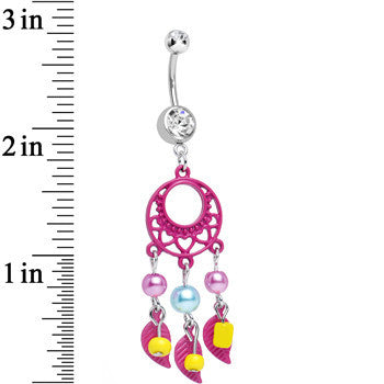 Clear Double CZ Pearly Feathers Pink Dreamcatcher Dangle Belly Ring
