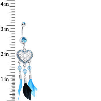 Aqua Gem Blue and Black Feather Flutter Heart Dangle Belly Ring