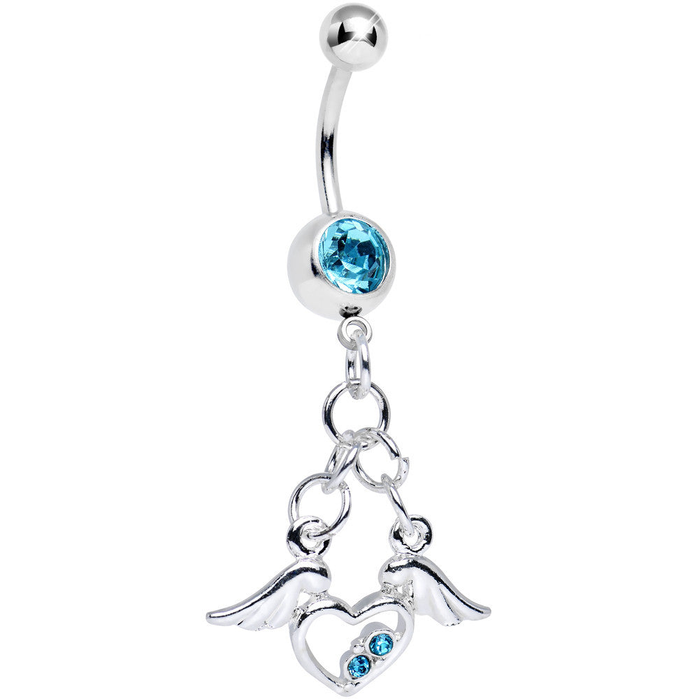 Aqua Gem Elevated Love Winged Heart Dangle Belly Ring