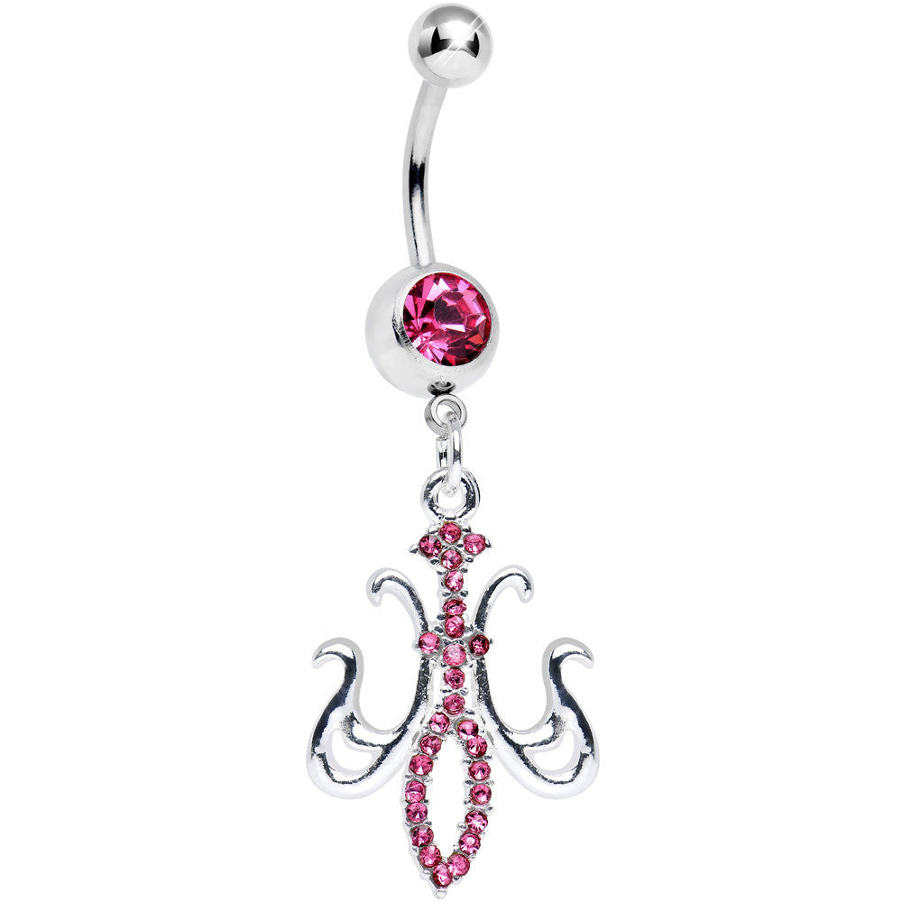 Pink Gem Magnifique Fleur de Lis Dangle Belly Ring