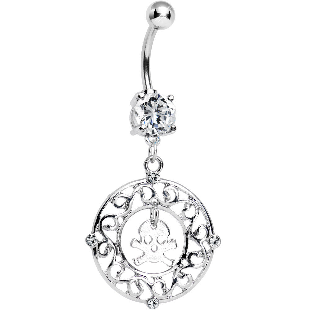 Clear Gem Fancy Framed Skull and Crossbones Dangle Belly Ring