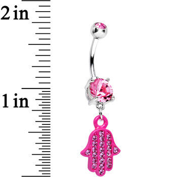 Pink Double Gem Powerful Blessing Pink Hamsa Hand Dangle Belly Ring