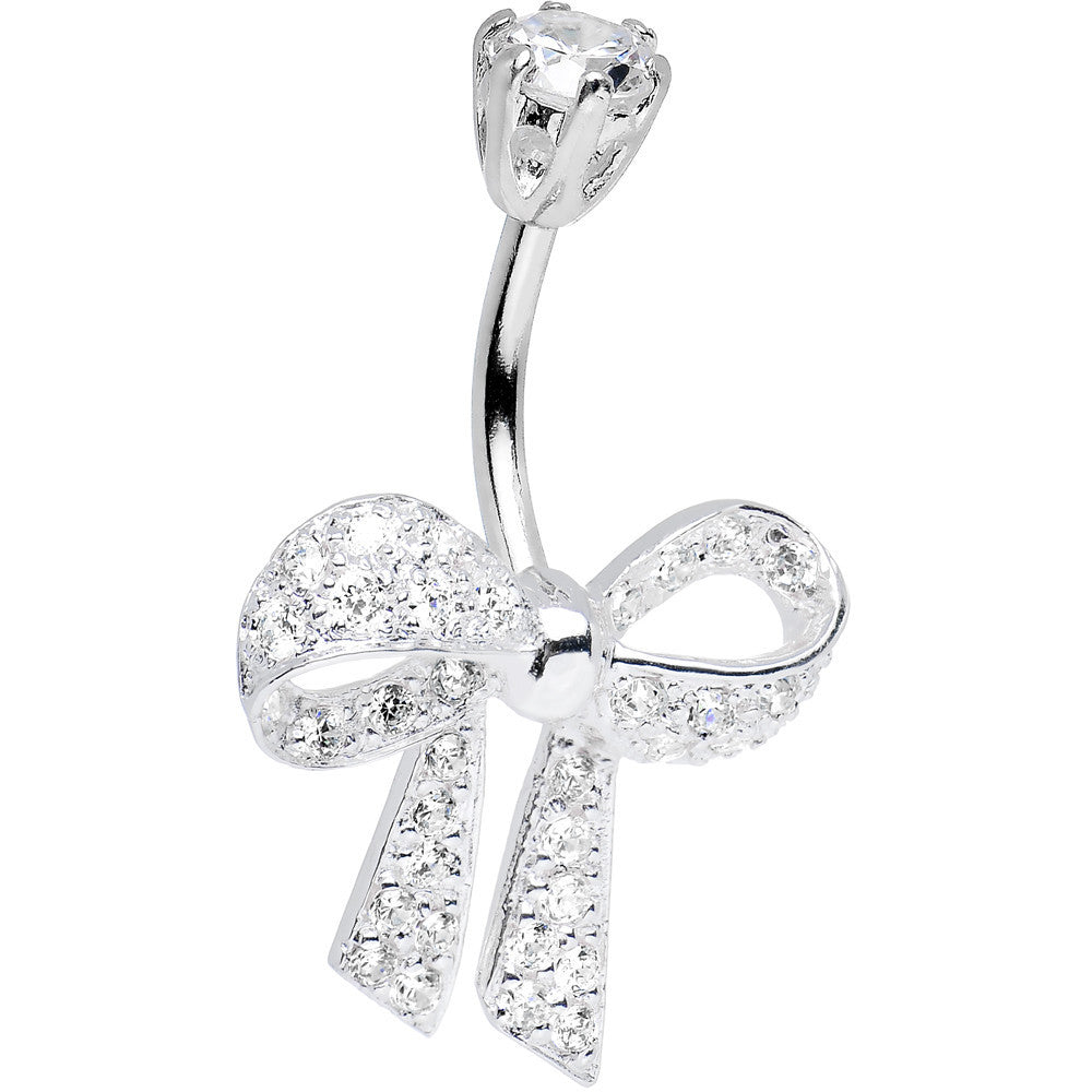 925 Sterling Silver Clear CZ Sparkling Shoestring Bow Tie Belly Ring