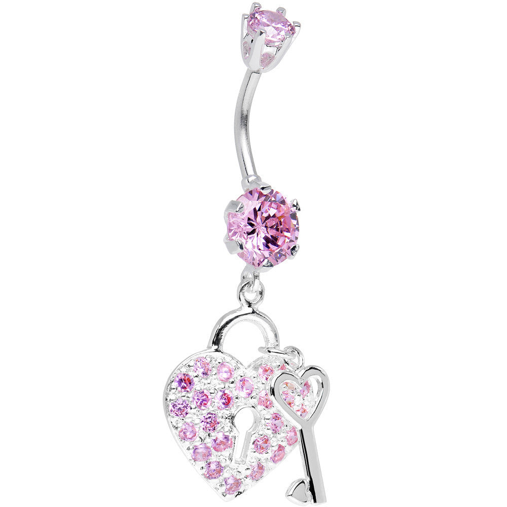 925 Sterling Silver Pink CZ Secret Love Heart Lock Dangle Belly Ring