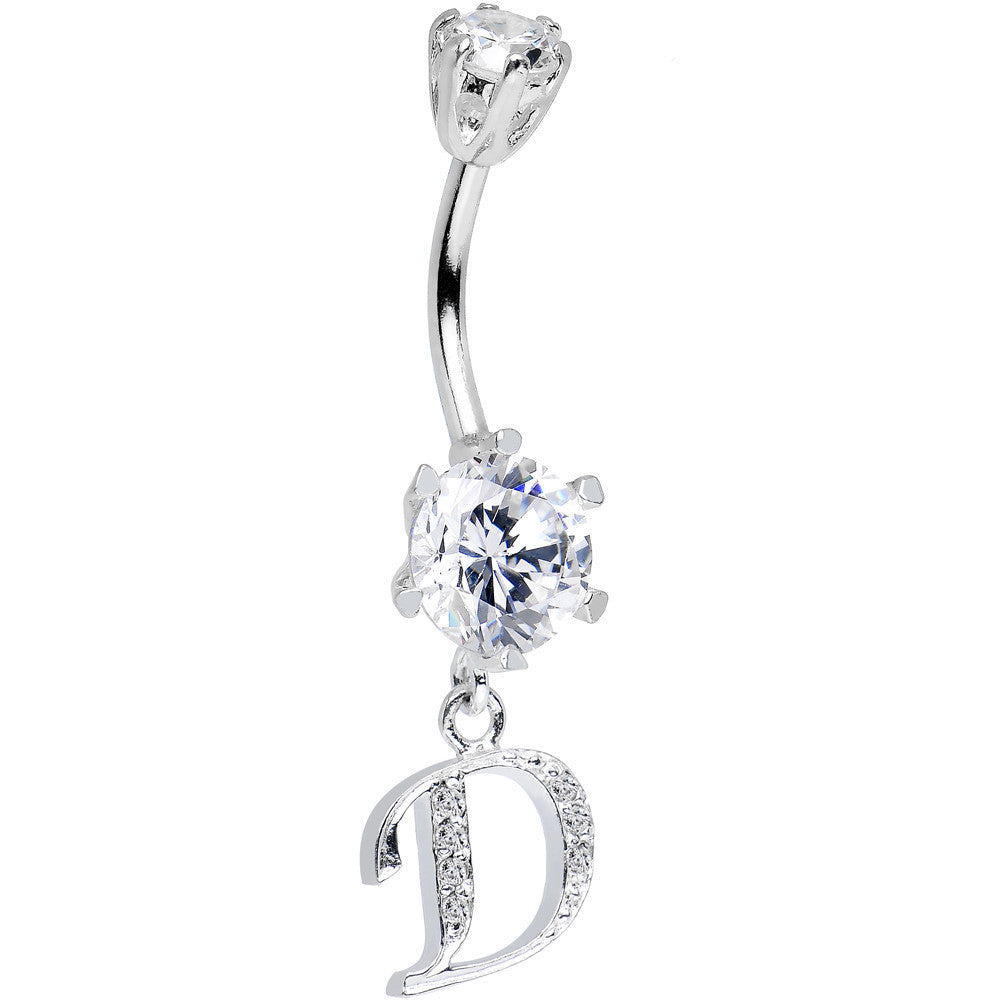 925 Sterling Silver Clear CZ Ornate Script Initial D Dangle Belly Ring