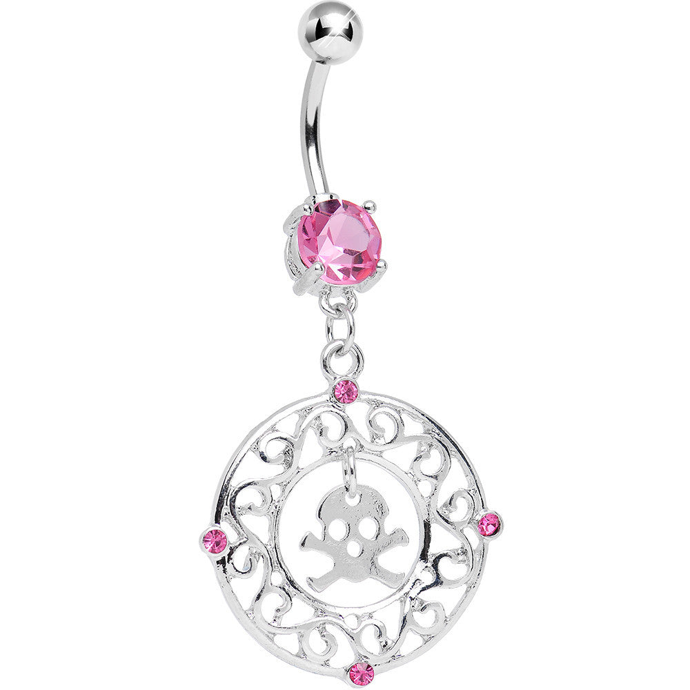 Pink CZ Fancy Framed Skull and Crossbones Dangle Belly Ring