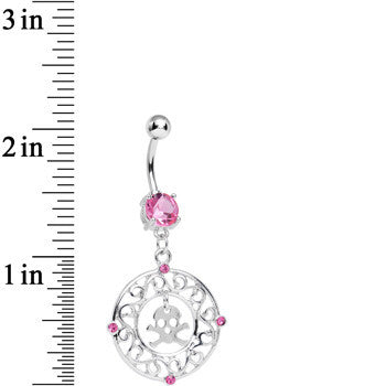Pink CZ Fancy Framed Skull and Crossbones Dangle Belly Ring