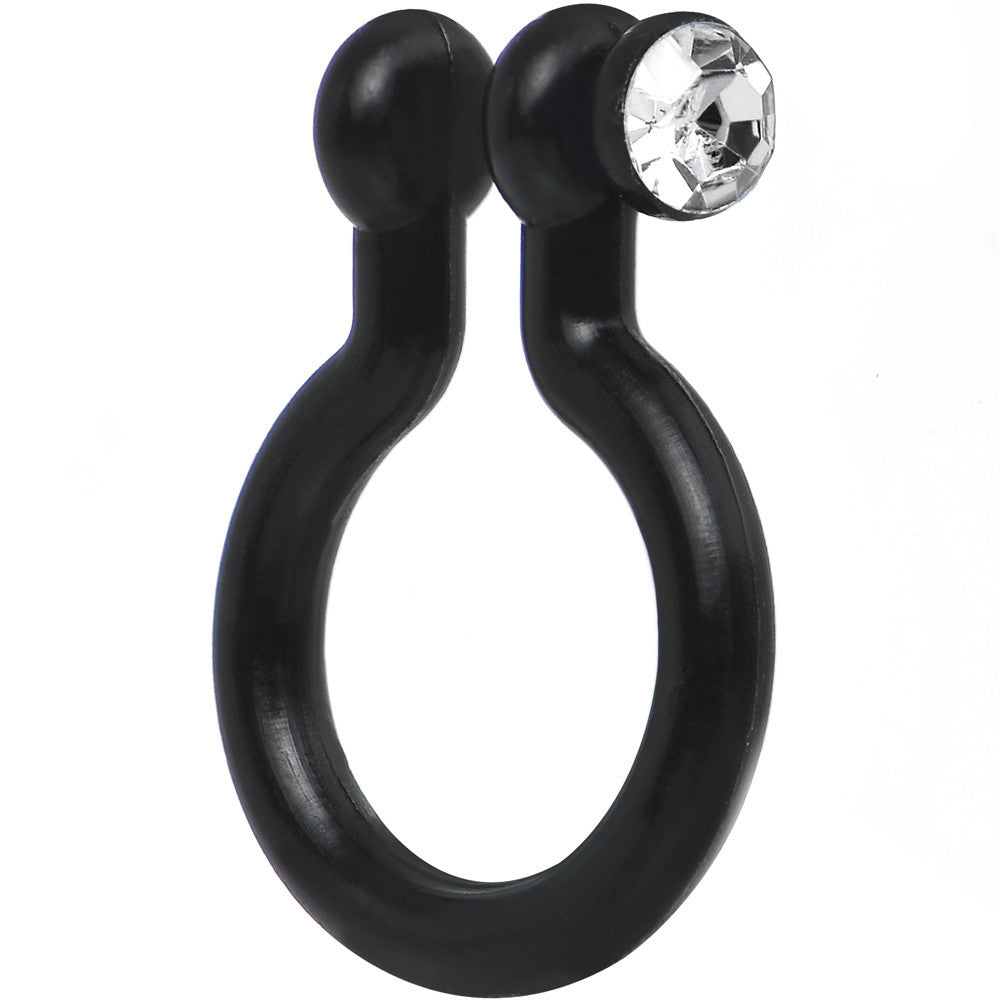 Clear Gem Black Bioplast Clip On Non-Pierced Fake Nose Ring Hoop