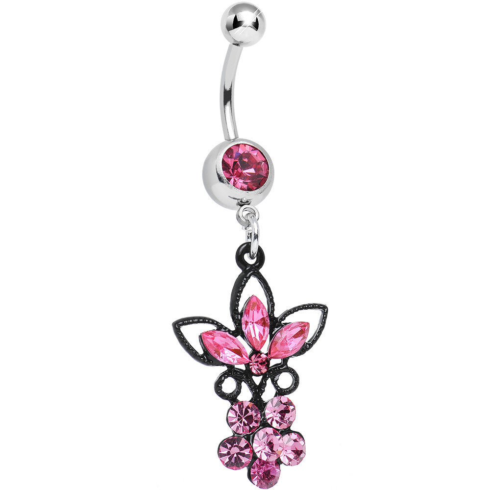 Pink Gem Power of the Dual Black Flower Dangle Belly Ring