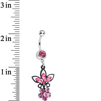 Pink Gem Power of the Dual Black Flower Dangle Belly Ring