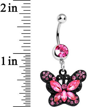 Pink Gem Passionate Black Butterfly Dangle Belly Ring