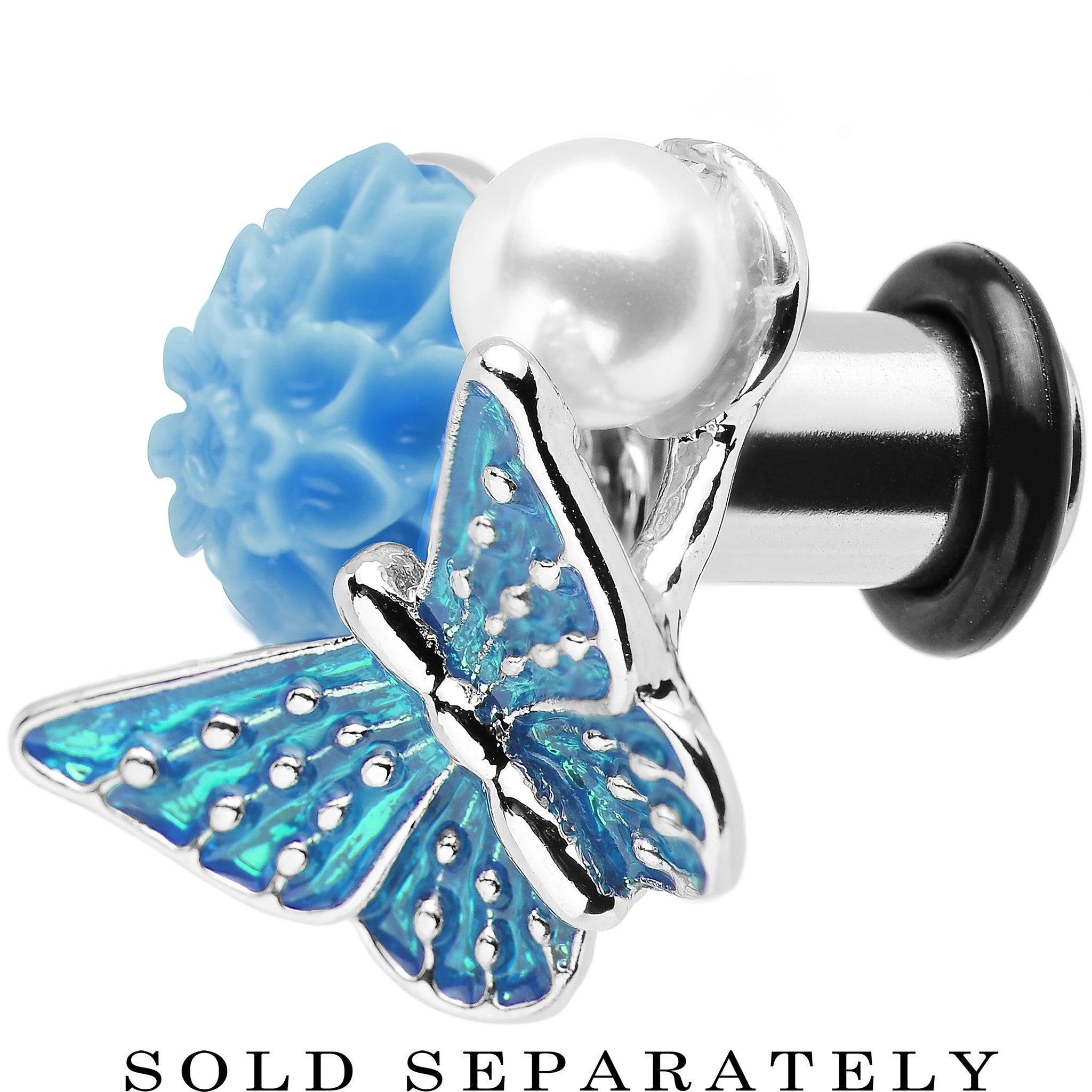 2G Blue Acrylic Flower Aqua Butterfly Single Flare Steel Plug