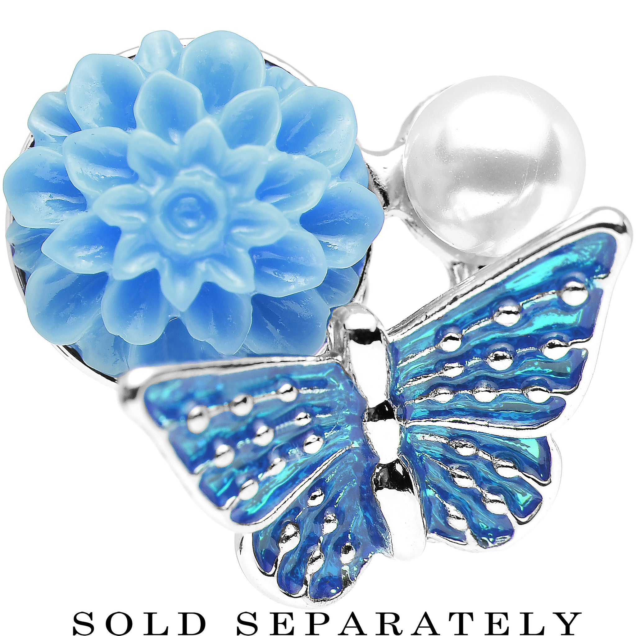 2G Blue Acrylic Flower Aqua Butterfly Single Flare Steel Plug