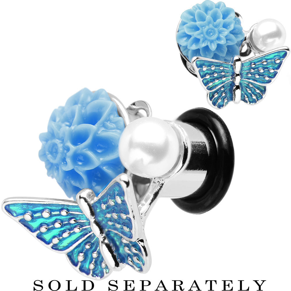 0G Blue Acrylic Flower Aqua Butterfly Single Flare Steel Plug