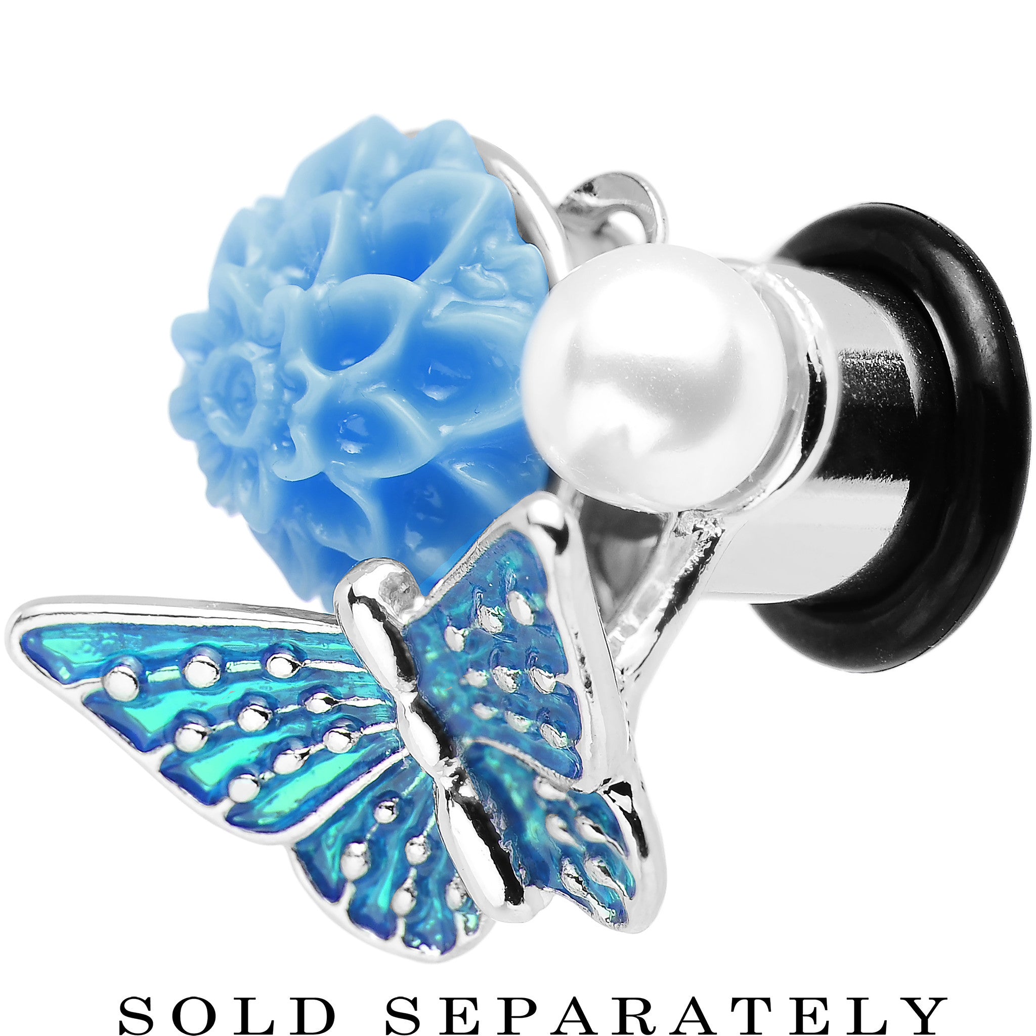 0G Blue Acrylic Flower Aqua Butterfly Single Flare Steel Plug