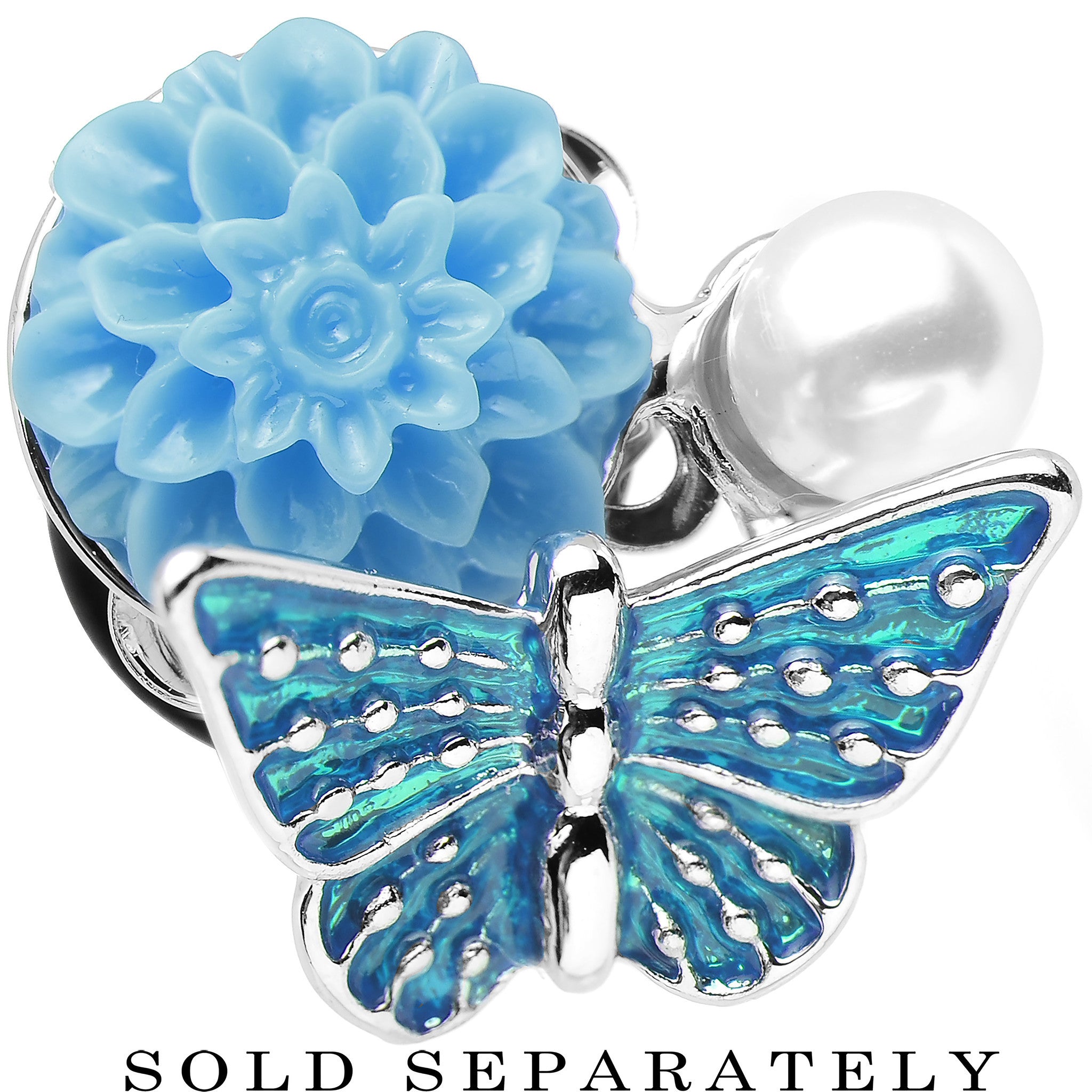 0G Blue Acrylic Flower Aqua Butterfly Single Flare Steel Plug