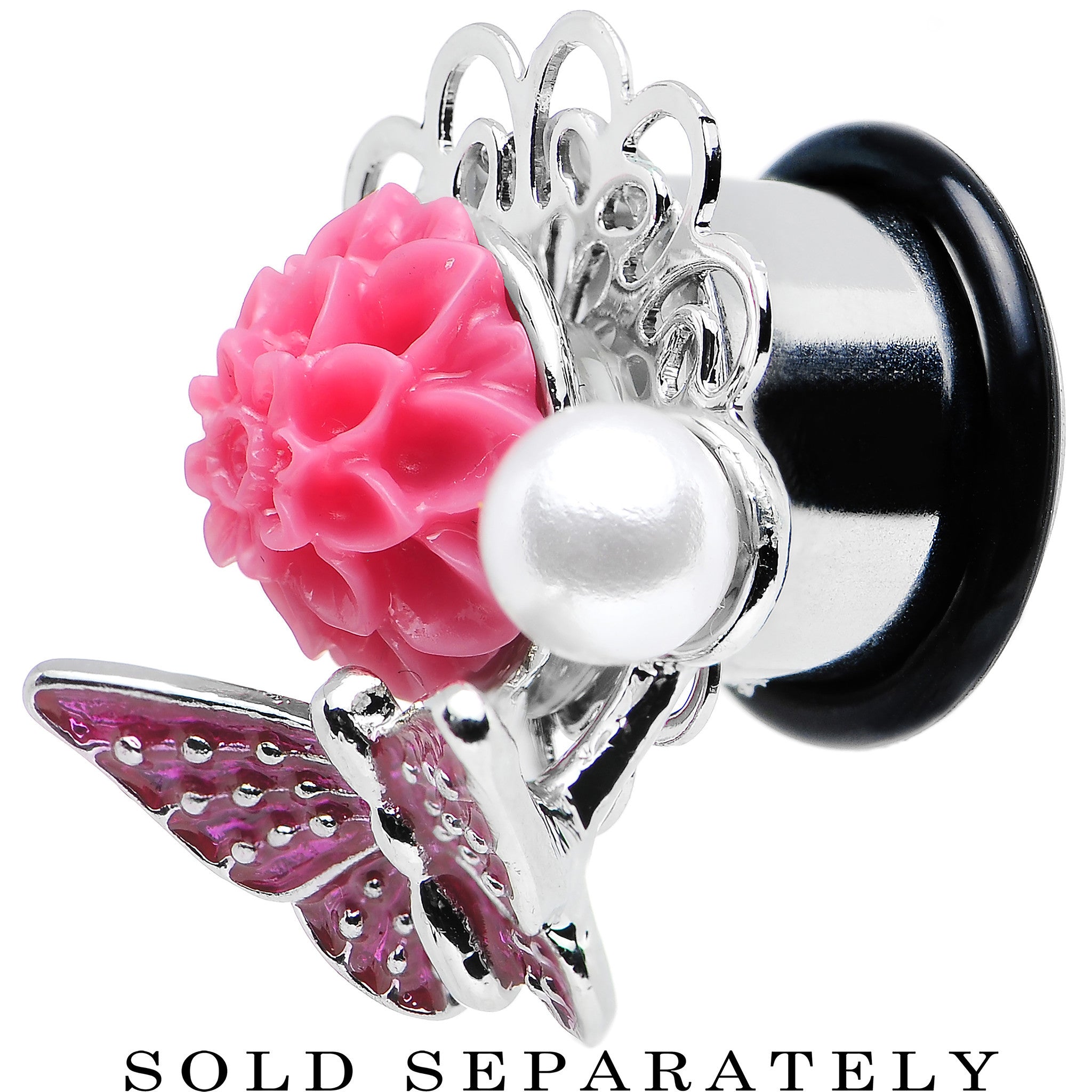1/2 Pink Acrylic Flower Pink Butterfly Single Flare Steel Plug