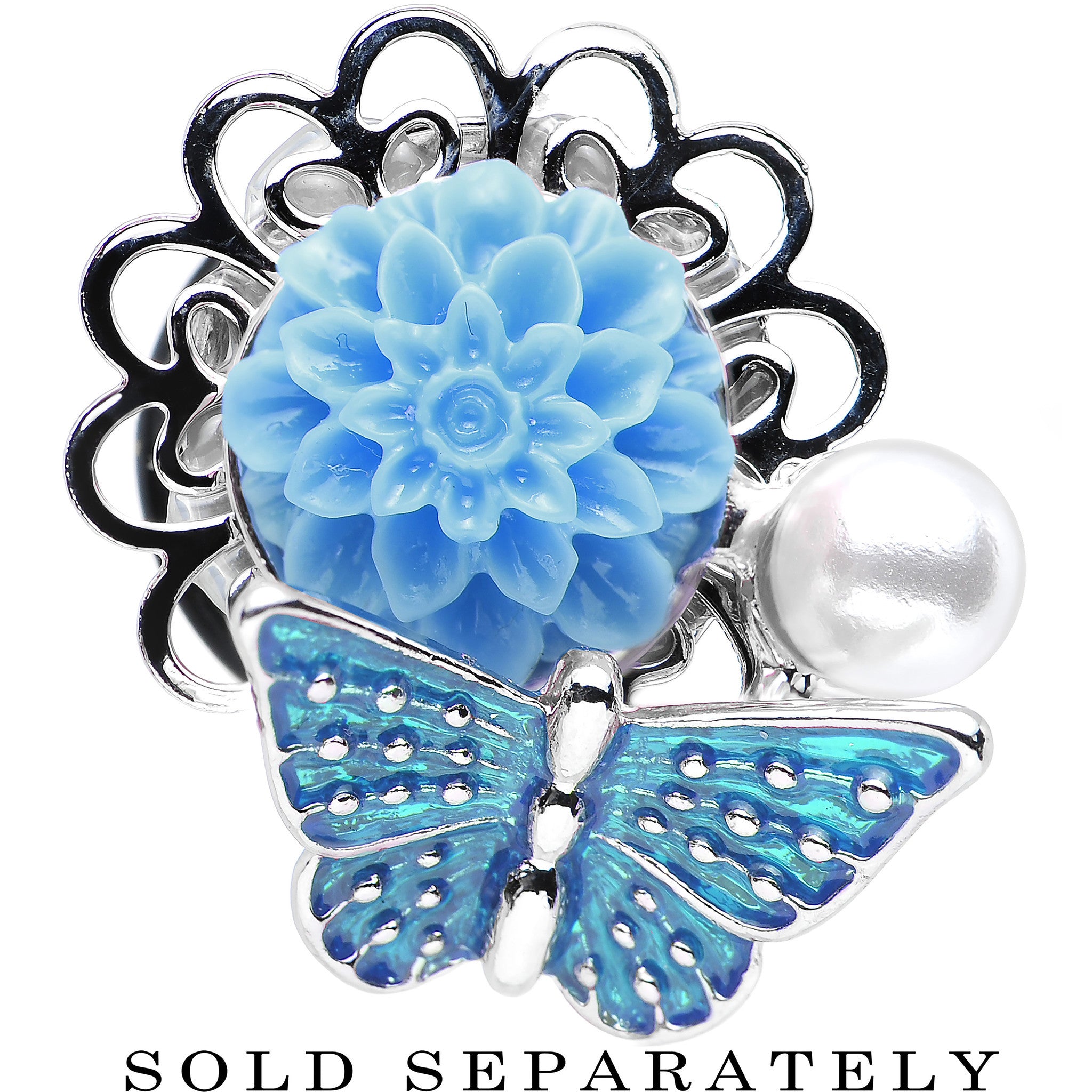 1/2 Blue Acrylic Flower Aqua Butterfly Single Flare Steel Plug