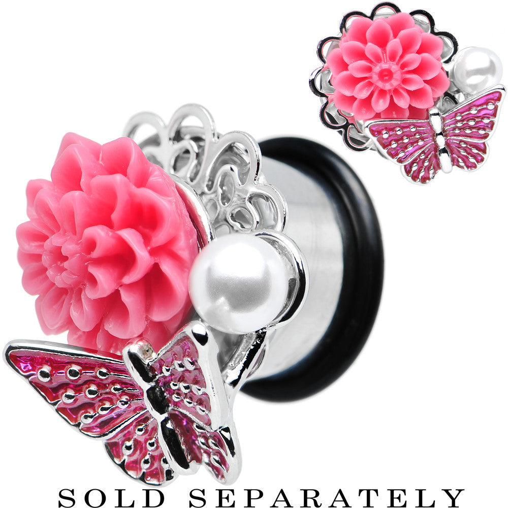 9/16 Pink Acrylic Flower Pink Butterfly Single Flare Steel Plug