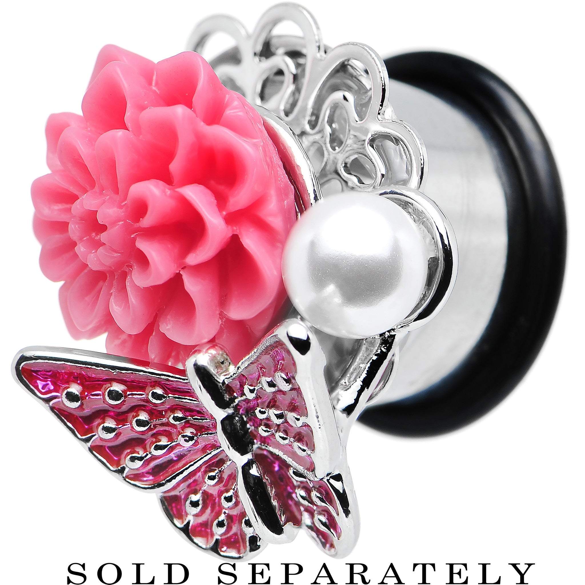 9/16 Pink Acrylic Flower Pink Butterfly Single Flare Steel Plug