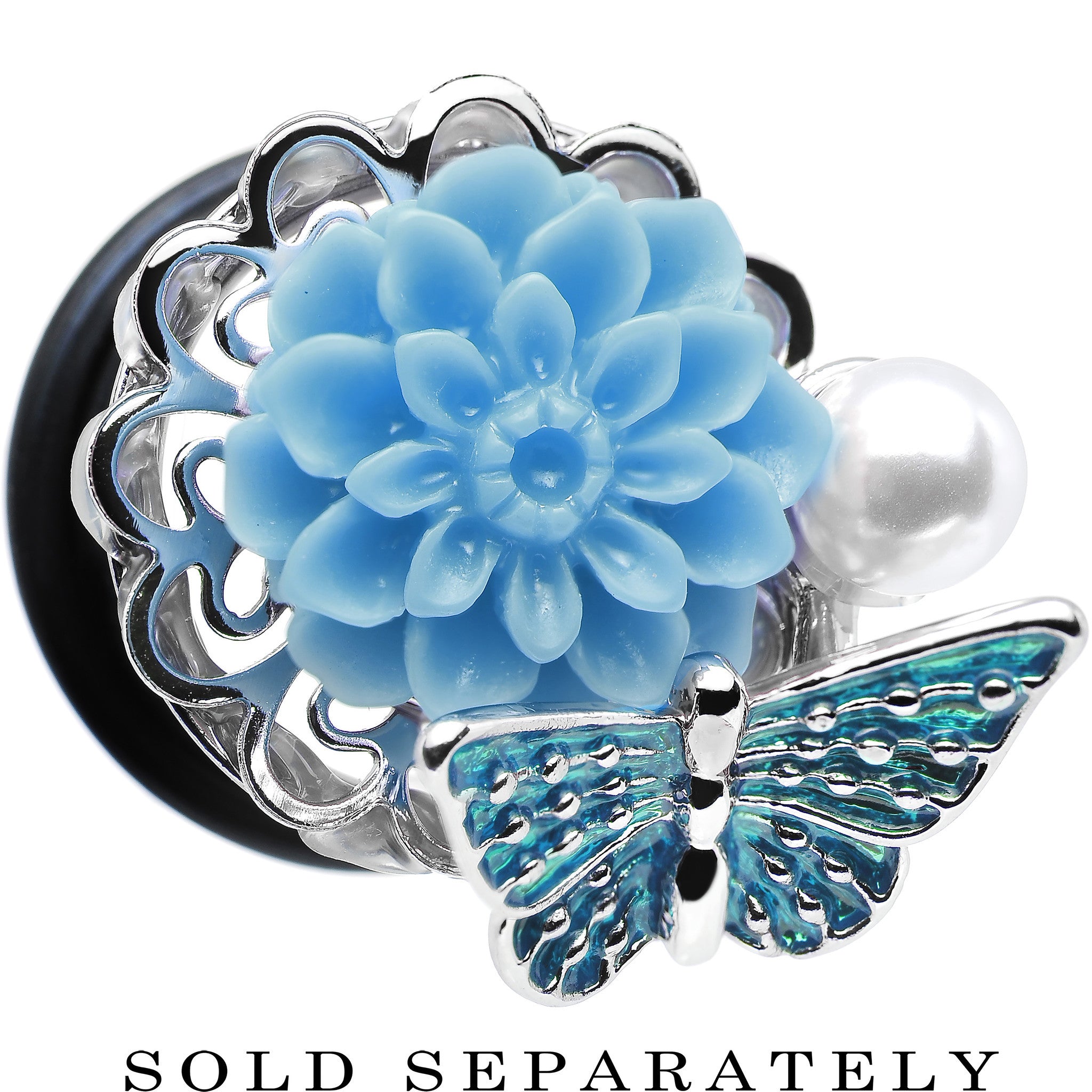 5/8 Blue Acrylic Flower Aqua Butterfly Single Flare Steel Plug