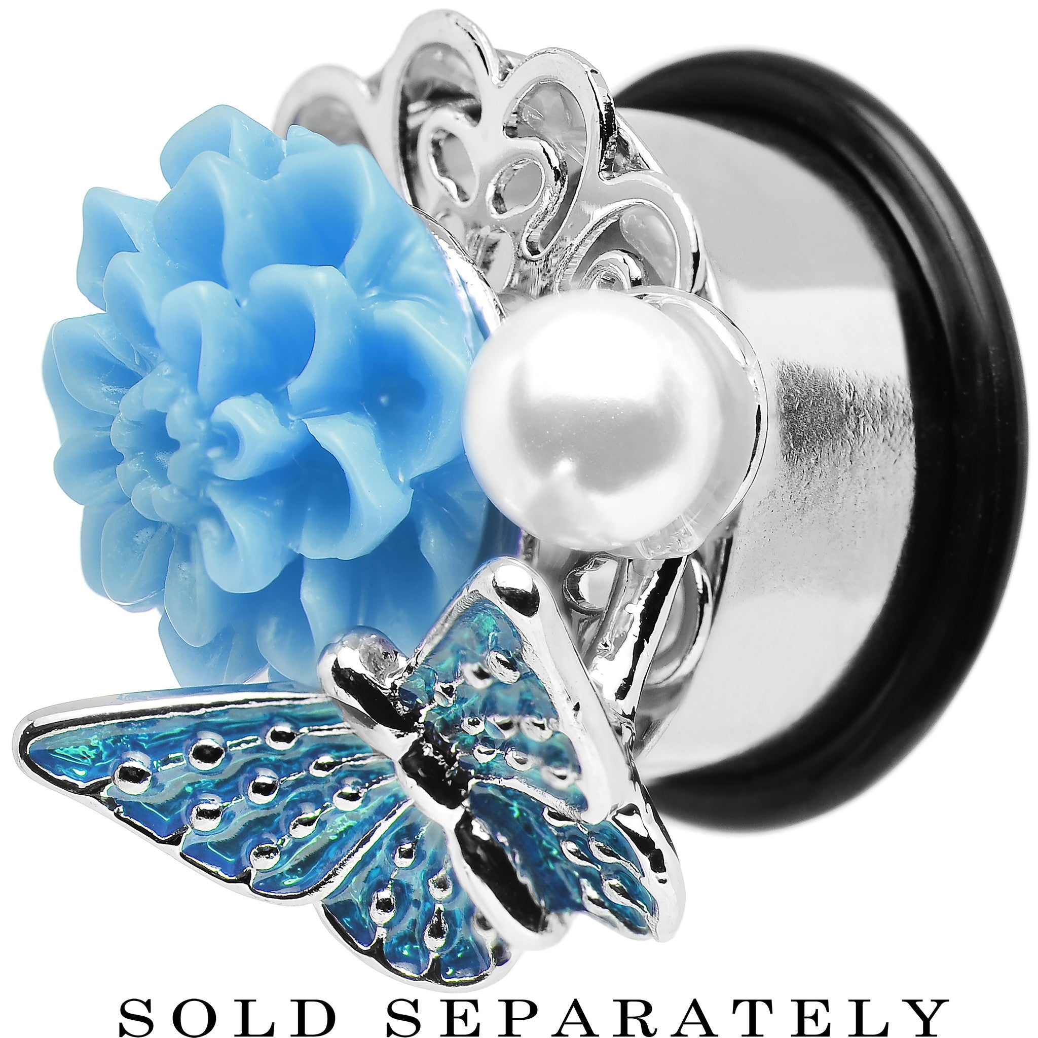 5/8 Blue Acrylic Flower Aqua Butterfly Single Flare Steel Plug