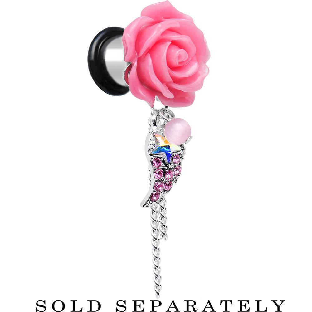 Pink Gem Angel Wing and Pink Rose Flower Single Flare Dangle Plug Sizes 0G to 16mm