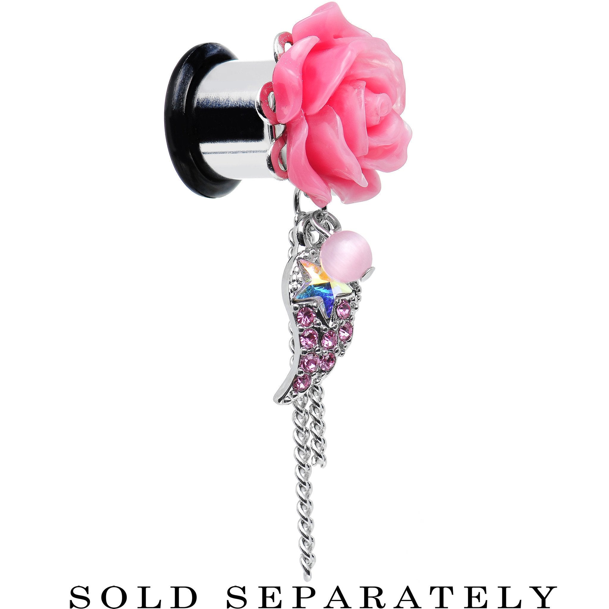Pink Gem Angel Wing and Pink Rose Flower Single Flare Dangle Plug Sizes 0G to 16mm