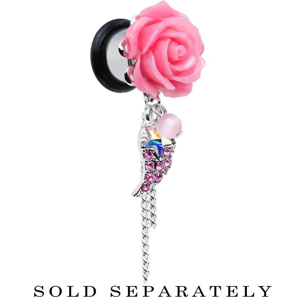 Pink Gem Angel Wing and Pink Rose Flower Single Flare Dangle Plug Sizes 0G to 16mm