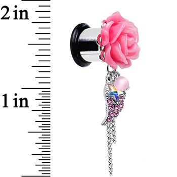Pink Gem Angel Wing and Pink Rose Flower Single Flare Dangle Plug Sizes 0G to 16mm