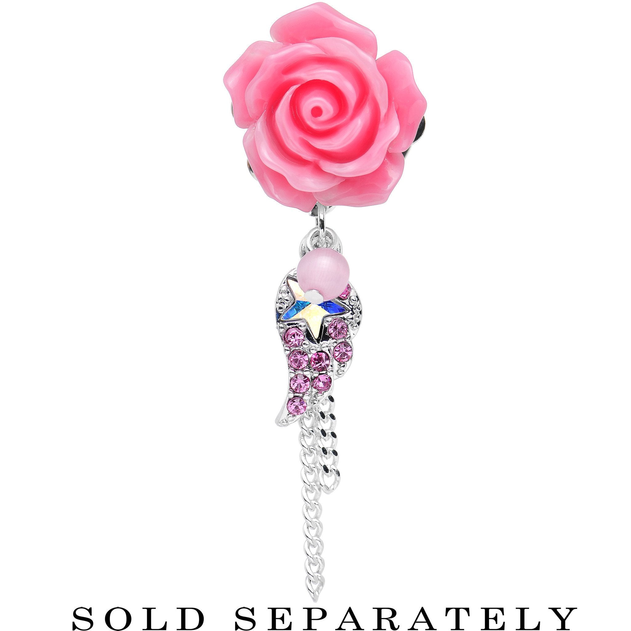 Pink Gem Angel Wing and Pink Rose Flower Single Flare Dangle Plug Sizes 0G to 16mm