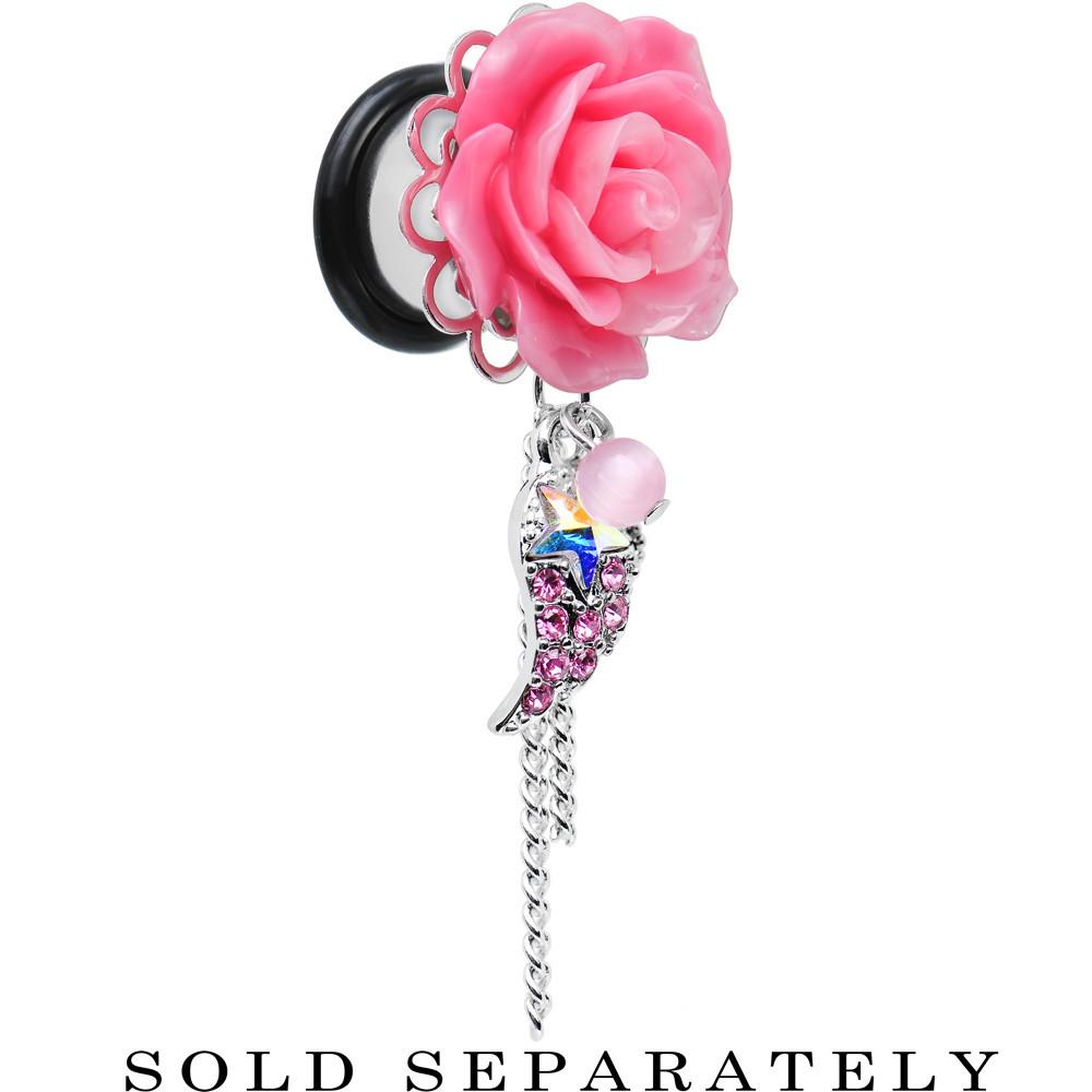 Pink Gem Angel Wing and Pink Rose Flower Single Flare Dangle Plug Sizes 0G to 16mm
