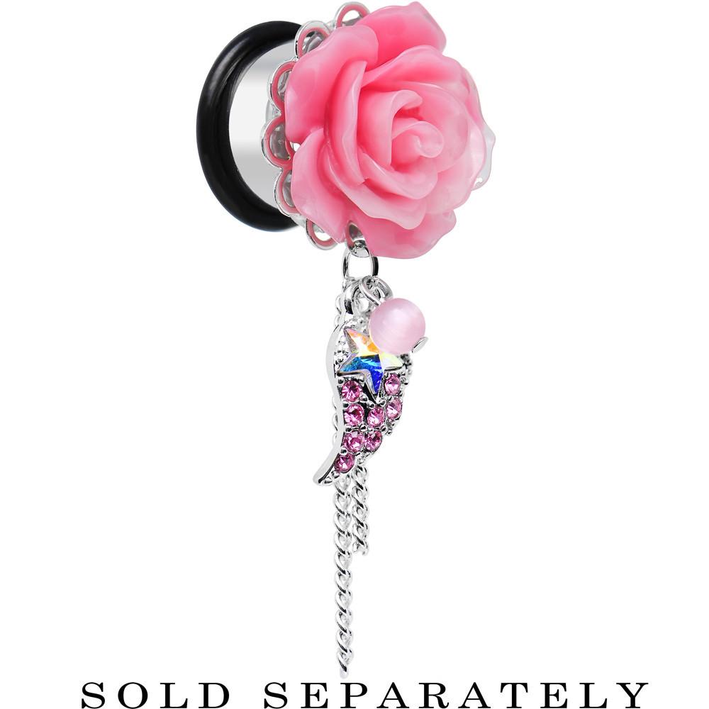 Pink Gem Angel Wing and Pink Rose Flower Single Flare Dangle Plug Sizes 0G to 16mm
