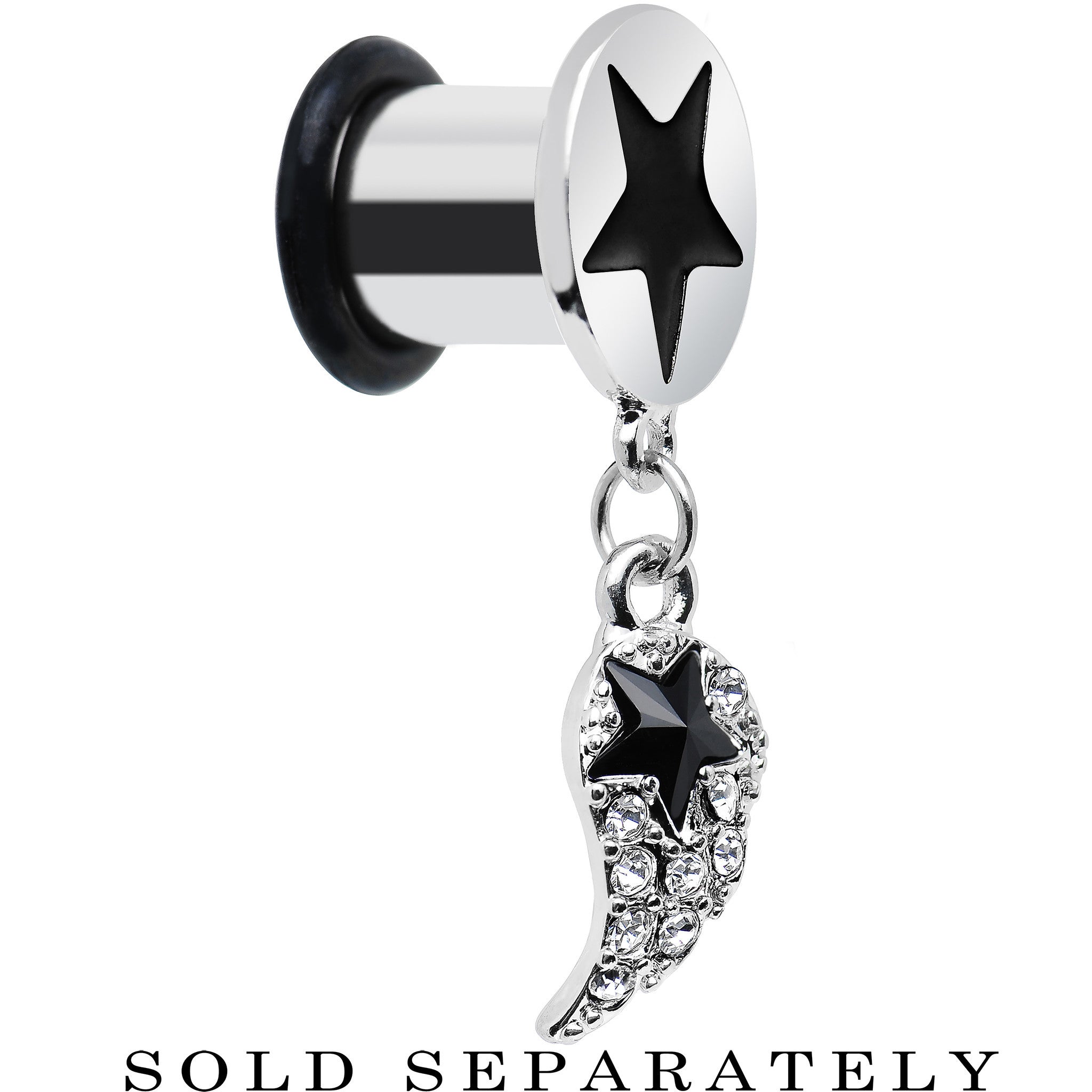 0G Clear Gem Angel Wing and Black Star Single Flare Dangle Plug
