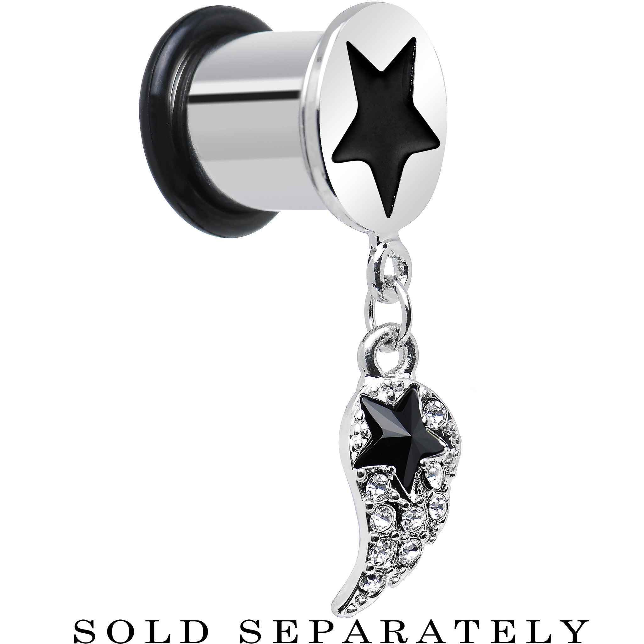 00G Clear Gem Angel Wing and Black Star Single Flare Dangle Plug