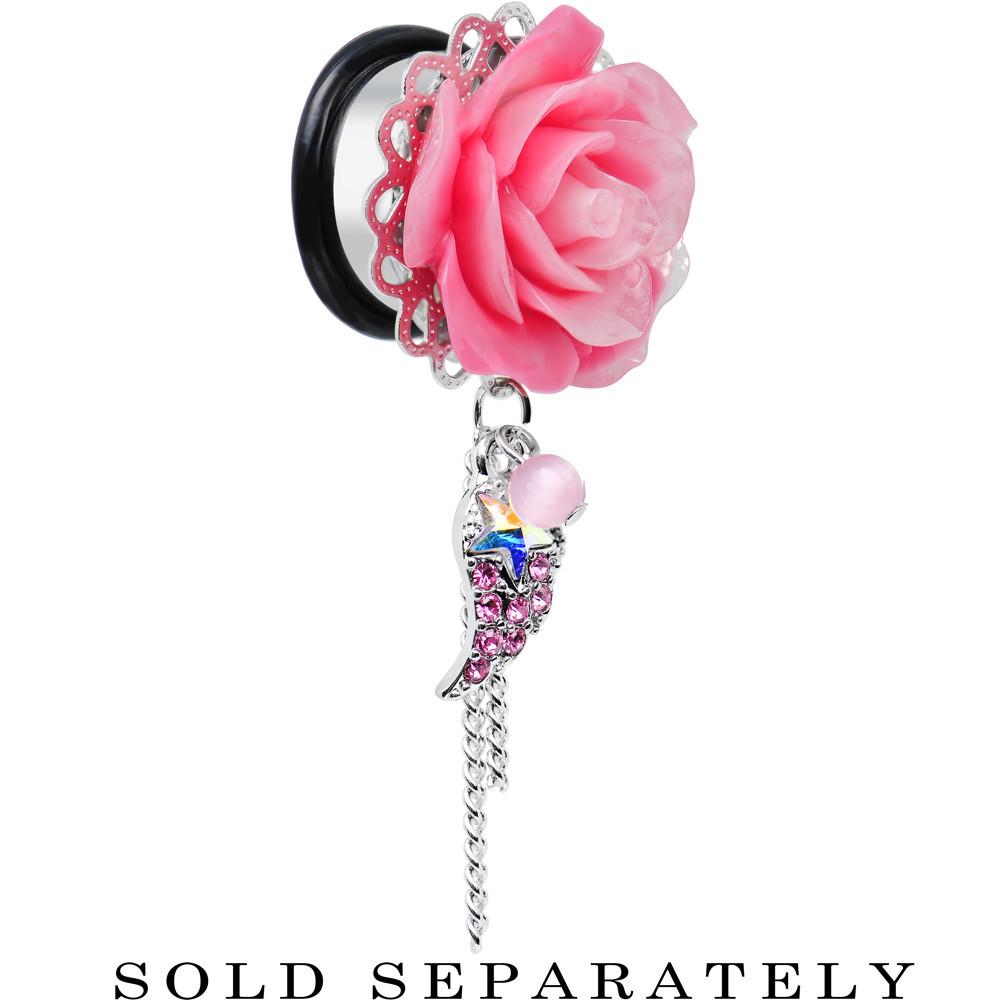 Pink Gem Angel Wing and Pink Rose Flower Single Flare Dangle Plug Sizes 0G to 16mm