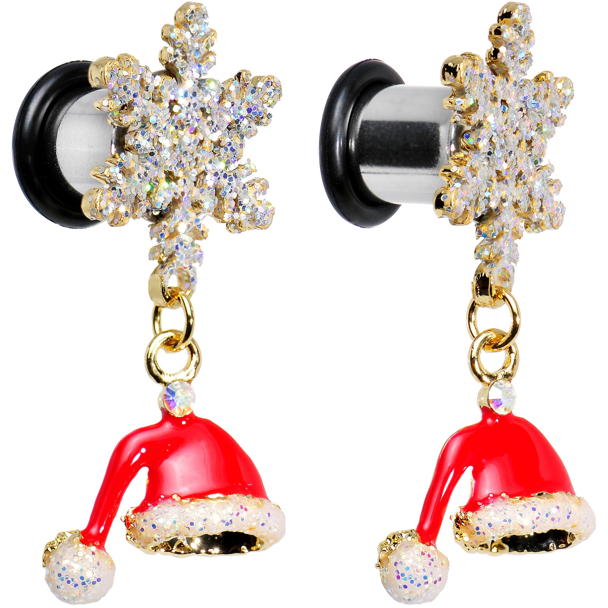 0G Clear Gem Snowflake Santa Hat Christmas Dangle Plug Set