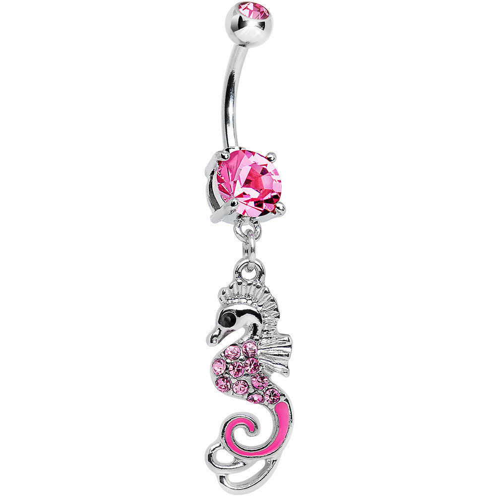 Pink Cubic Zirconia Glamorous Seahorse Dangle Belly Ring